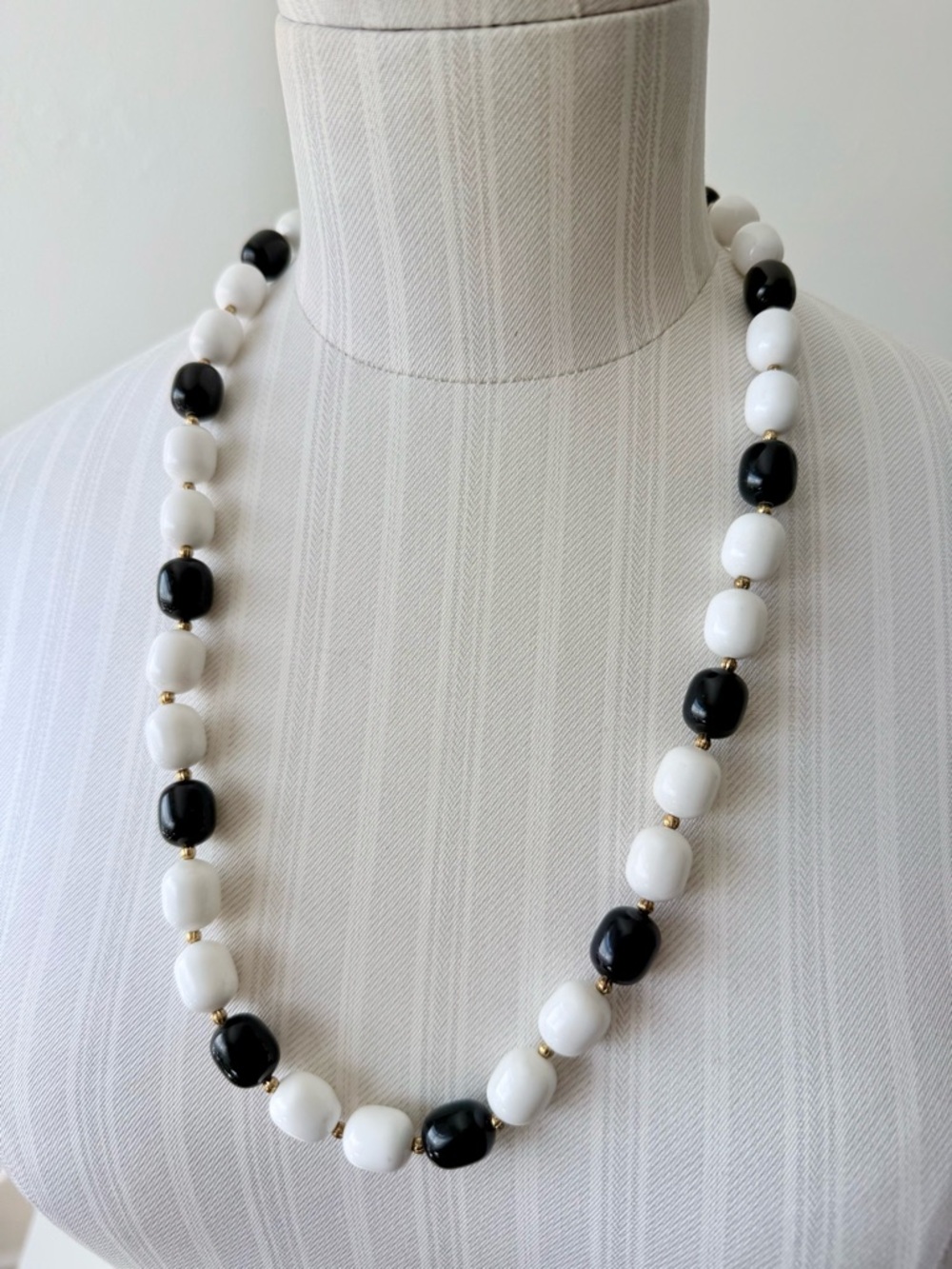 Vintage Marvella Mod Beaded Necklace-Black & White Lucite Milk Glass Style - NWT